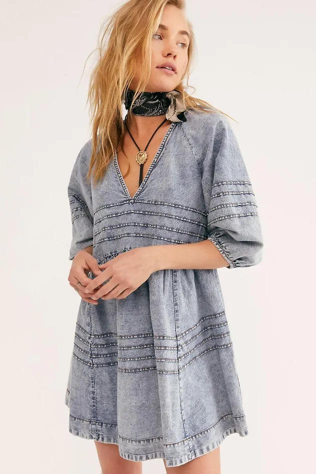 Women Mini Dresses Free People Sweet Surrender Denim Mini Dress Acid Light Blue