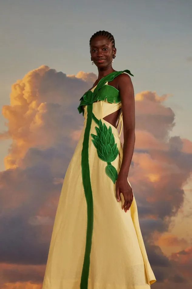 Women Palm Tree Cutwork Midi Dress Yellow FARM Rio Midi Dresses