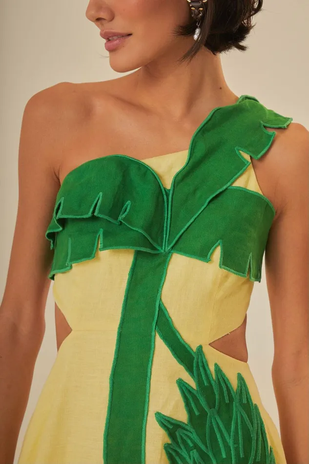 Women Palm Tree Cutwork Midi Dress Yellow FARM Rio Midi Dresses