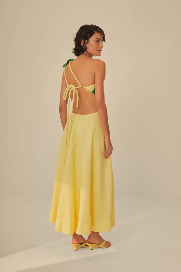 Women Palm Tree Cutwork Midi Dress Yellow FARM Rio Midi Dresses