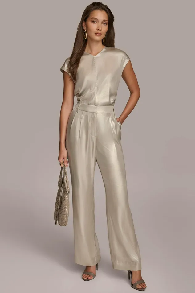 Women Pants Donna Karan NOVELTY PLEATED WIDE LEG TROUSER Silver