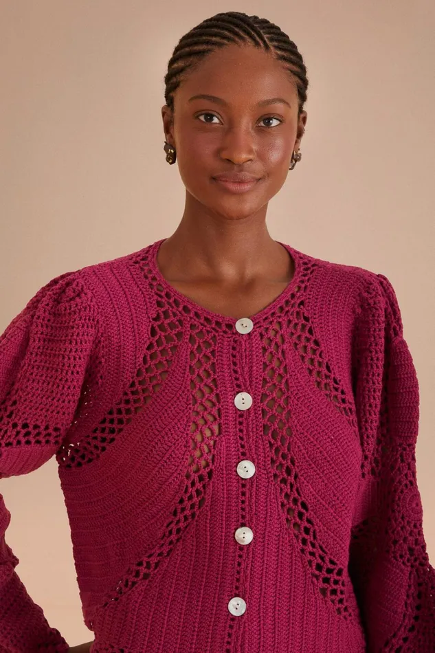 Women Pink Flower Draw Crochet Cardigan Pink FARM Rio Cardigans