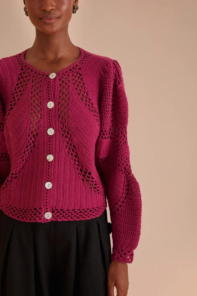 Women Pink Flower Draw Crochet Cardigan Pink FARM Rio Cardigans