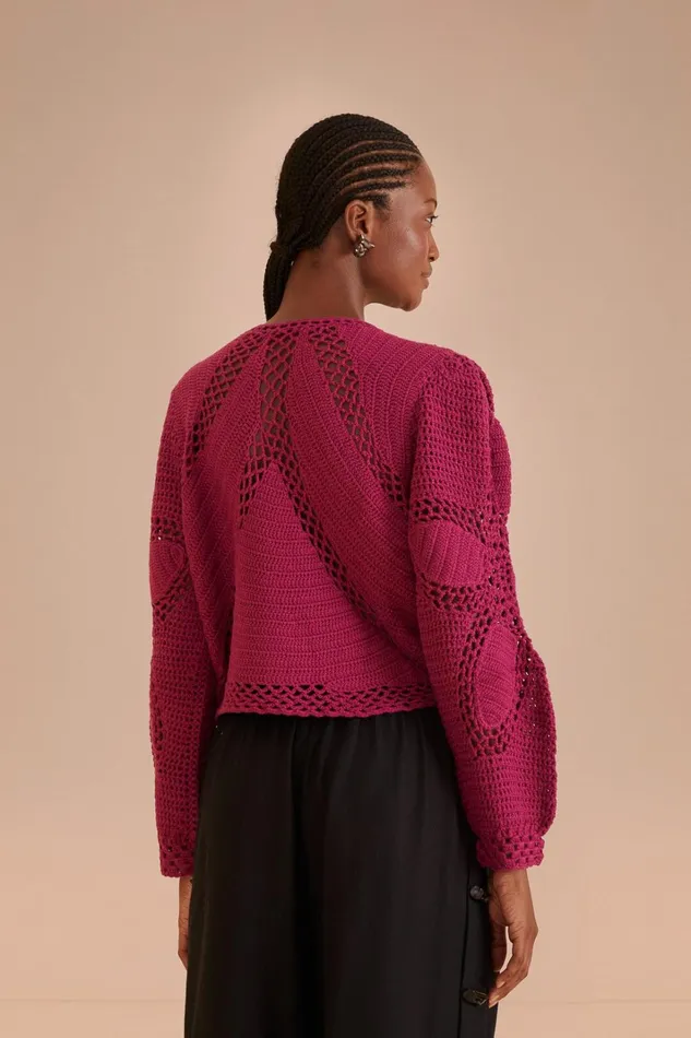 Women Pink Flower Draw Crochet Cardigan Pink FARM Rio Cardigans