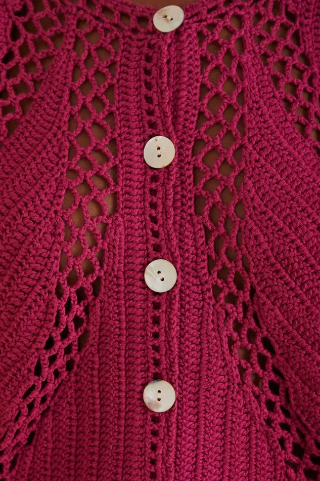Women Pink Flower Draw Crochet Cardigan Pink FARM Rio Cardigans