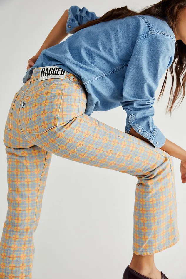 Women Printed Jeans Free People The Ragged Priest Prevail Jeans Blue And Yellow Check Women Printed Jeans Free People The Ragged Priest Prevail Jeans Blue And Yellow Check