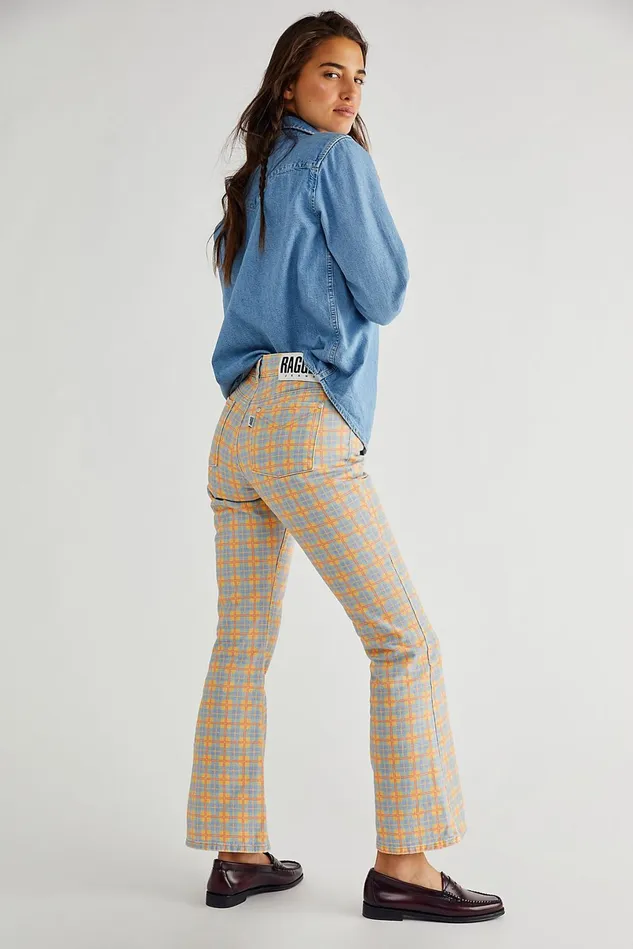 Women Printed Jeans Free People The Ragged Priest Prevail Jeans Blue And Yellow Check