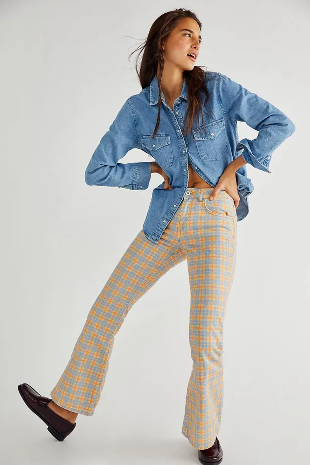 Women Printed Jeans Free People The Ragged Priest Prevail Jeans Blue And Yellow Check