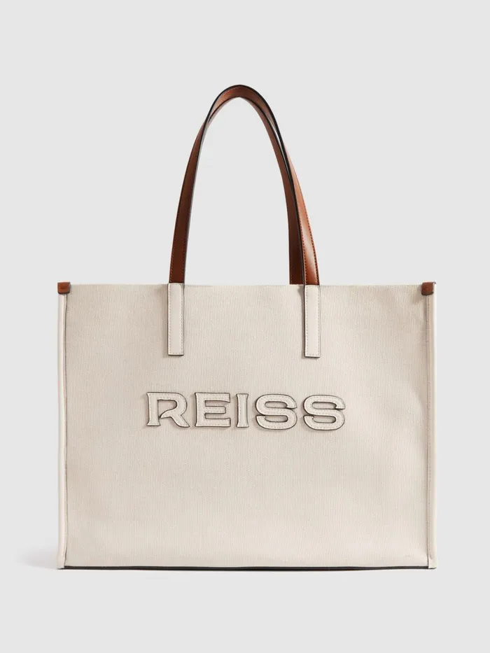 Women Reiss Bags Lola Woven Logo Tote Bag Natural