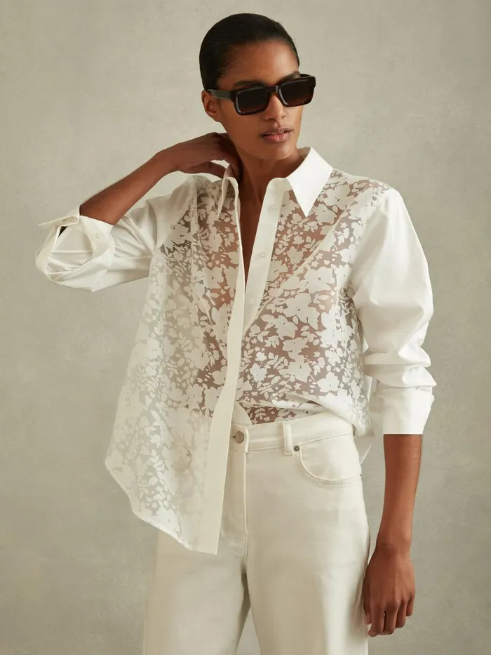 Women Reiss Blouses and Shirts Delaney Cotton Burnout Floral Shirt Ivory