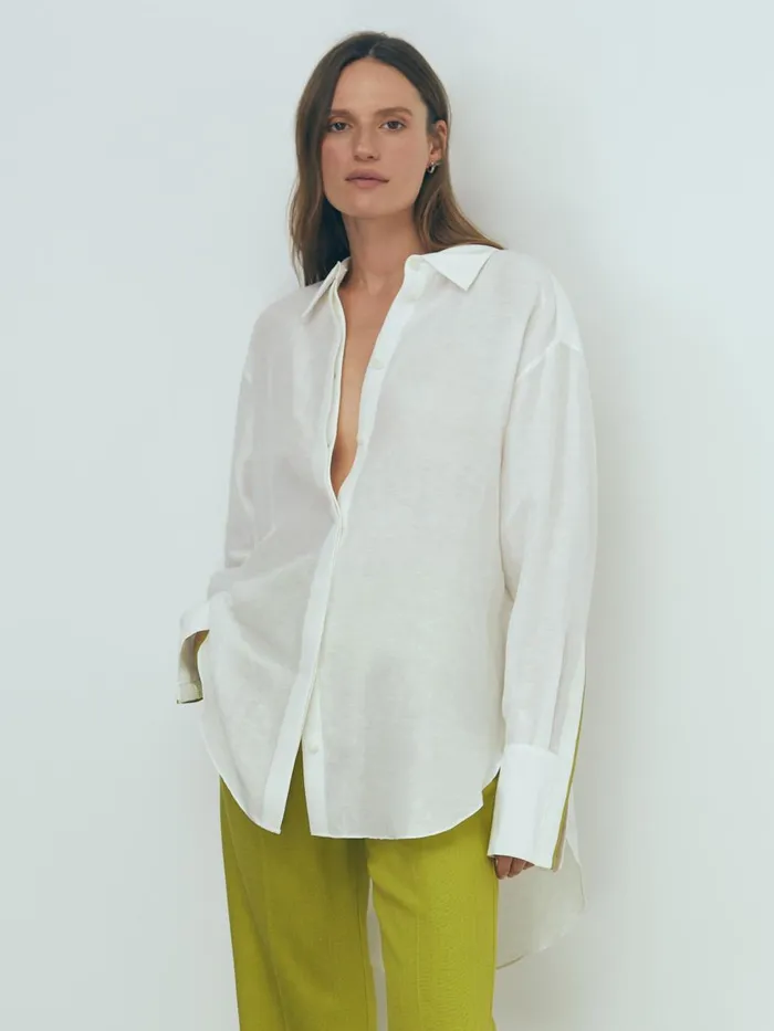 Women Reiss Blouses and Shirts Juliet Linen Silk Contrast Button Through Shirt Ivory