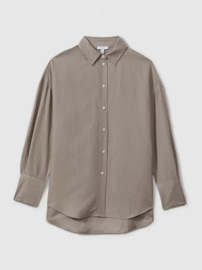 Women Reiss Blouses and Shirts Sian Relaxed Fit Lyocell Linen Button Through Shirt Mink
