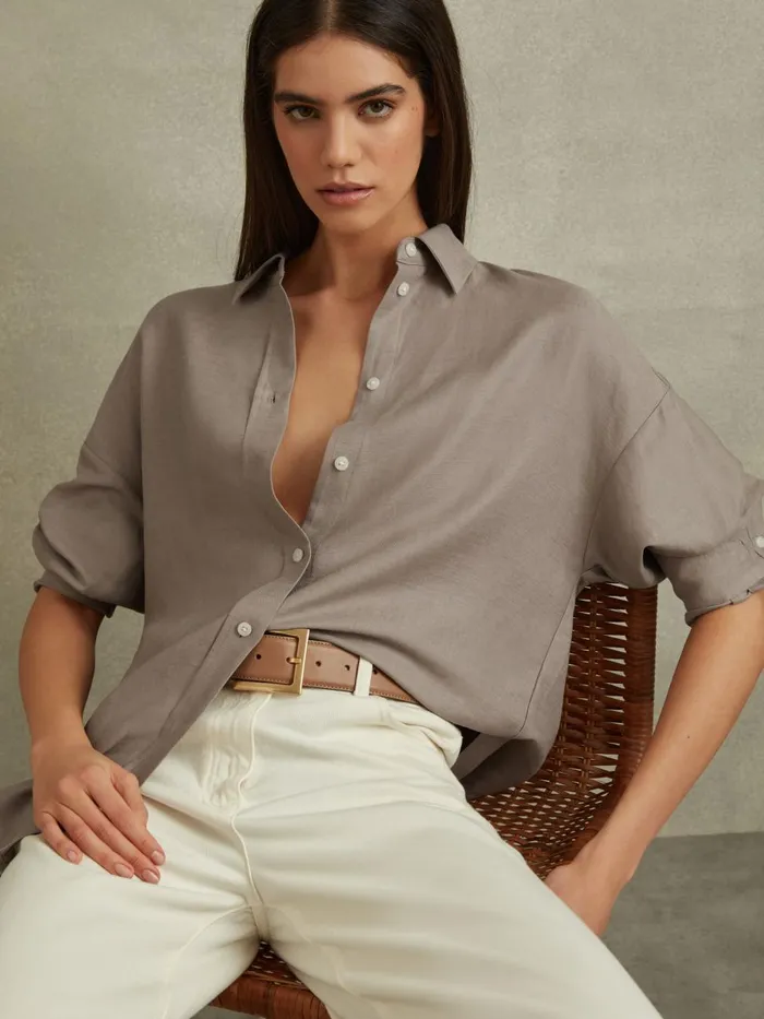 Women Reiss Blouses and Shirts Sian Relaxed Fit Lyocell Linen Button Through Shirt Mink
