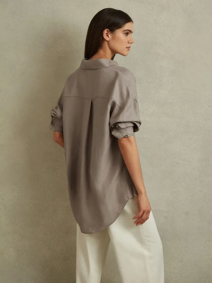 Women Reiss Blouses and Shirts Sian Relaxed Fit Lyocell Linen Button Through Shirt Mink