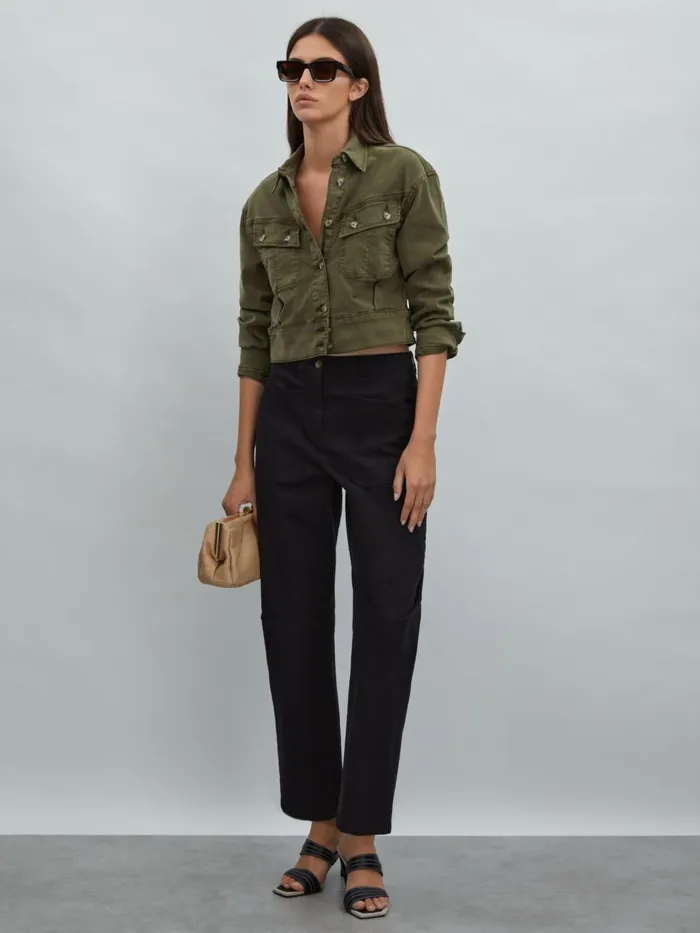 Women Reiss Coats Cropped Denim Jacket Military Green