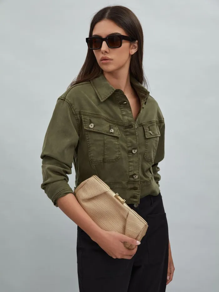 Women Reiss Coats Cropped Denim Jacket Military Green