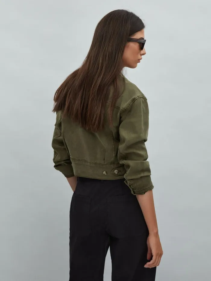 Women Reiss Coats Cropped Denim Jacket Military Green