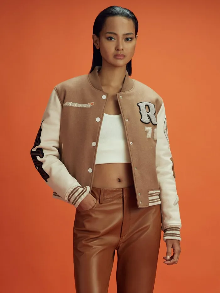 Women Reiss Coats F1 Leather Varsity Jacket Camelecru