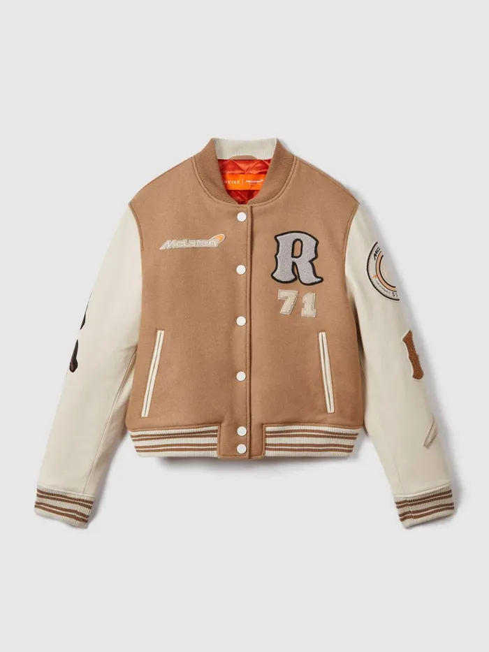 Women Reiss Coats F1 Leather Varsity Jacket Camelecru