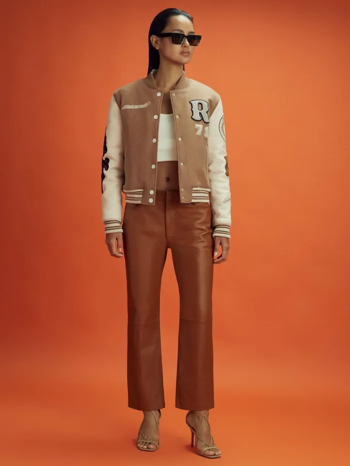 Women Reiss Coats F1 Leather Varsity Jacket Camelecru