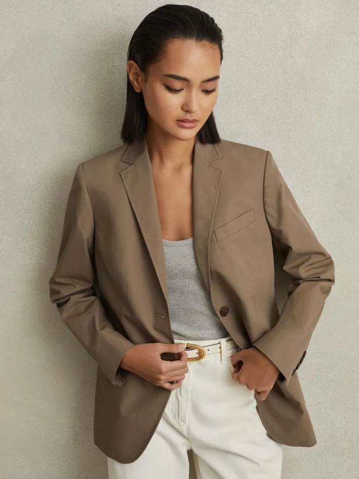 Women Reiss Coats Hope Single Breasted Cotton Blazer Taupe