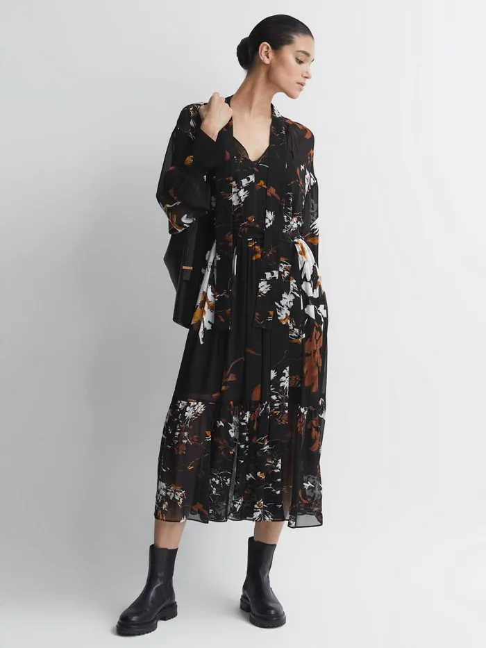 Women Reiss Dresses Charlotte Floral Neck Tie Midi Dress Blackbrown
