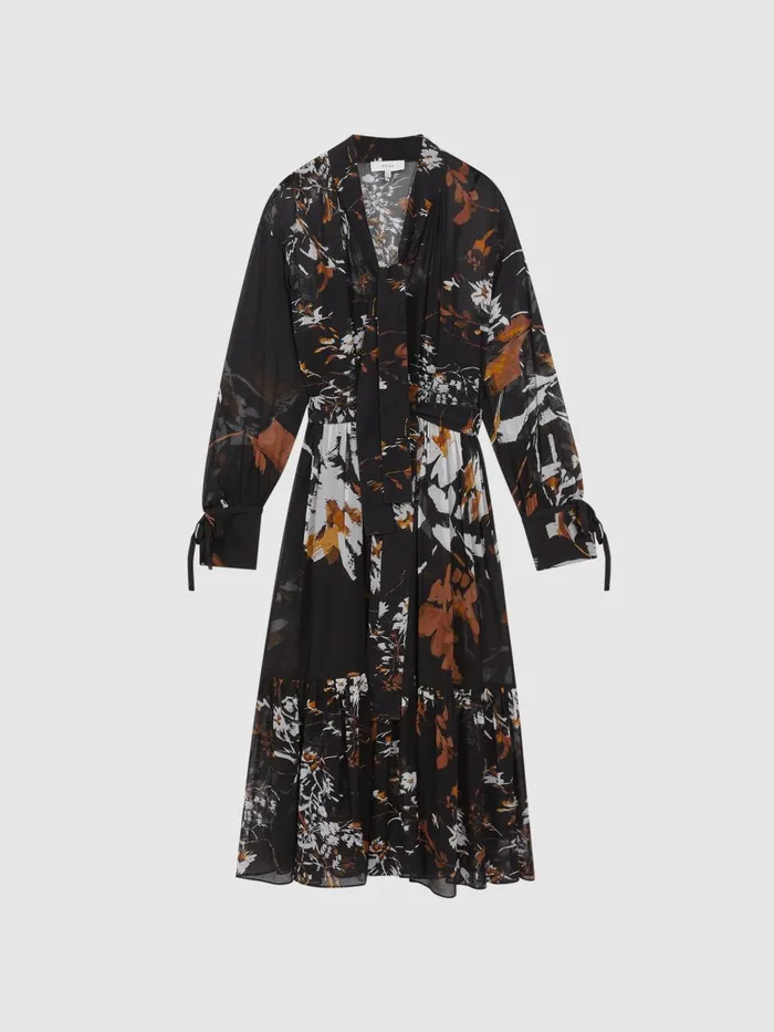 Women Reiss Dresses Charlotte Floral Neck Tie Midi Dress Blackbrown