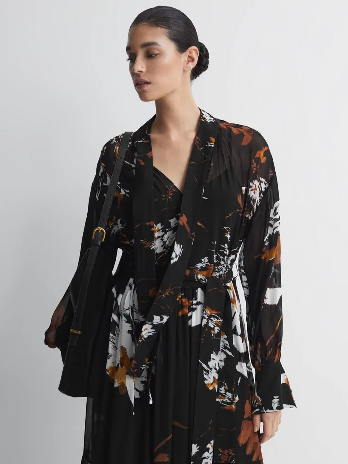 Women Reiss Dresses Charlotte Floral Neck Tie Midi Dress Blackbrown