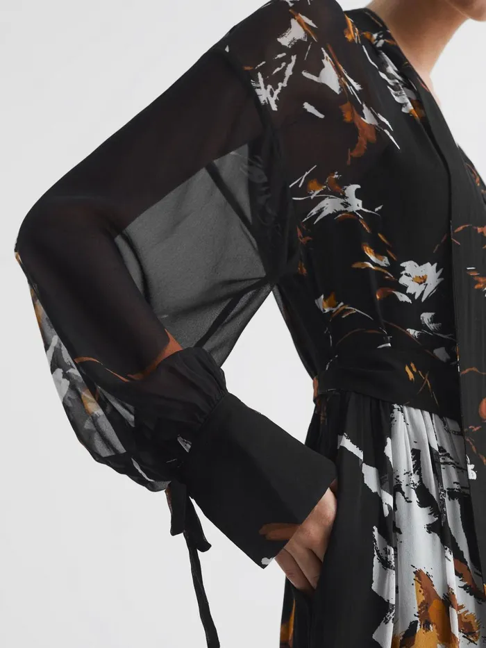 Women Reiss Dresses Charlotte Floral Neck Tie Midi Dress Blackbrown