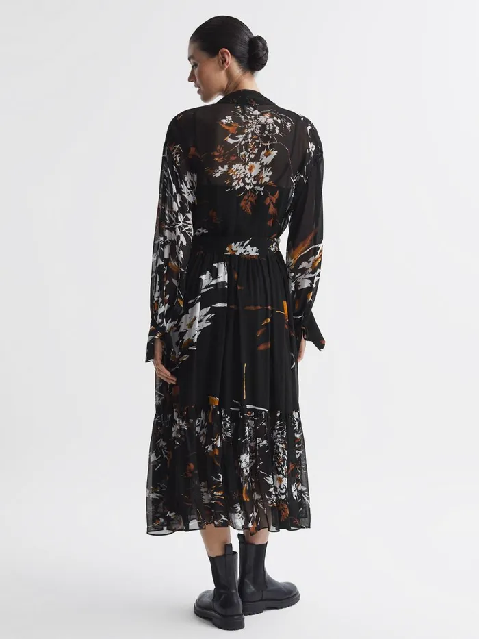 Women Reiss Dresses Charlotte Floral Neck Tie Midi Dress Blackbrown