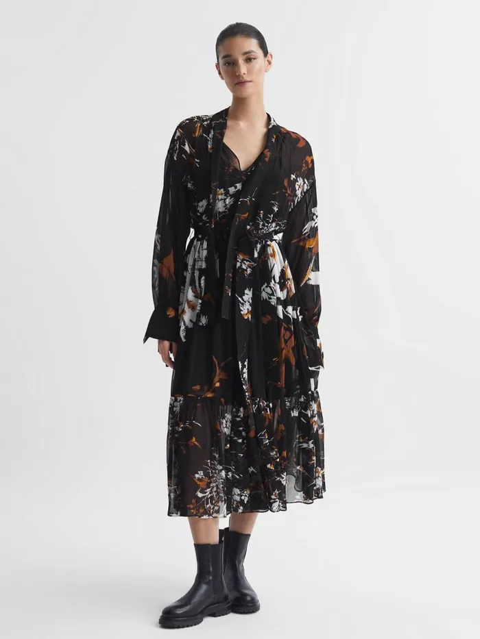 Women Reiss Dresses Charlotte Floral Neck Tie Midi Dress Blackbrown