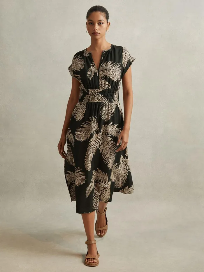 Women Reiss Dresses Colby Tropical Print Elasticated Waist Midi Dress Khaki