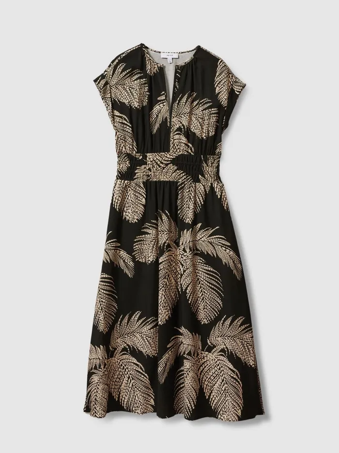 Women Reiss Dresses Colby Tropical Print Elasticated Waist Midi Dress Khaki