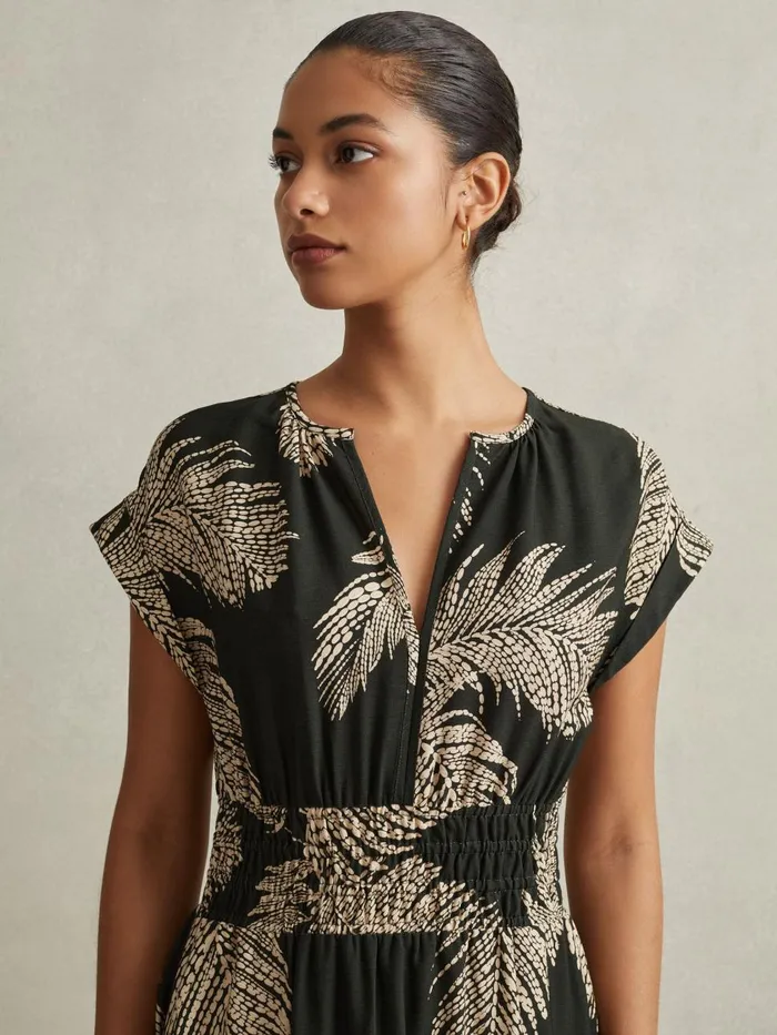 Women Reiss Dresses Colby Tropical Print Elasticated Waist Midi Dress Khaki