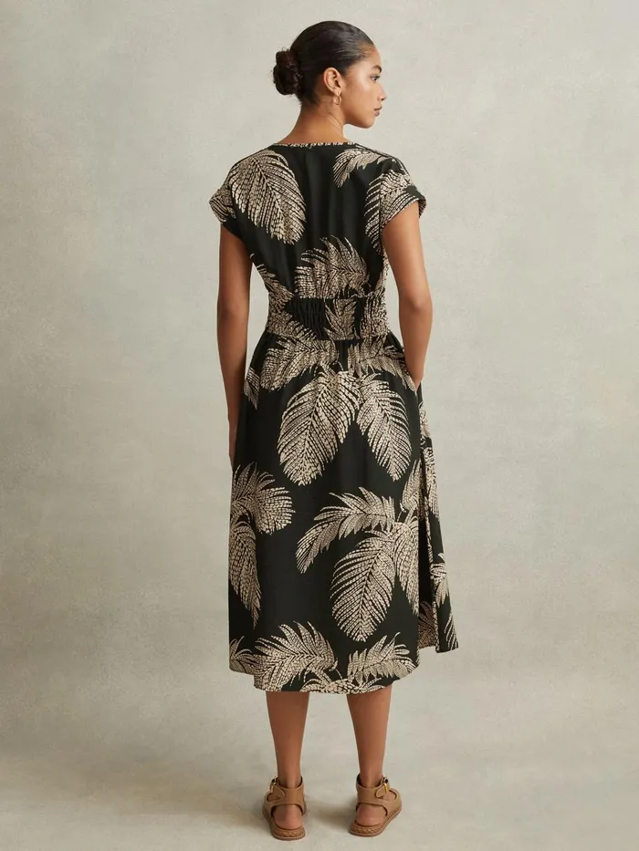 Women Reiss Dresses Colby Tropical Print Elasticated Waist Midi Dress Khaki
