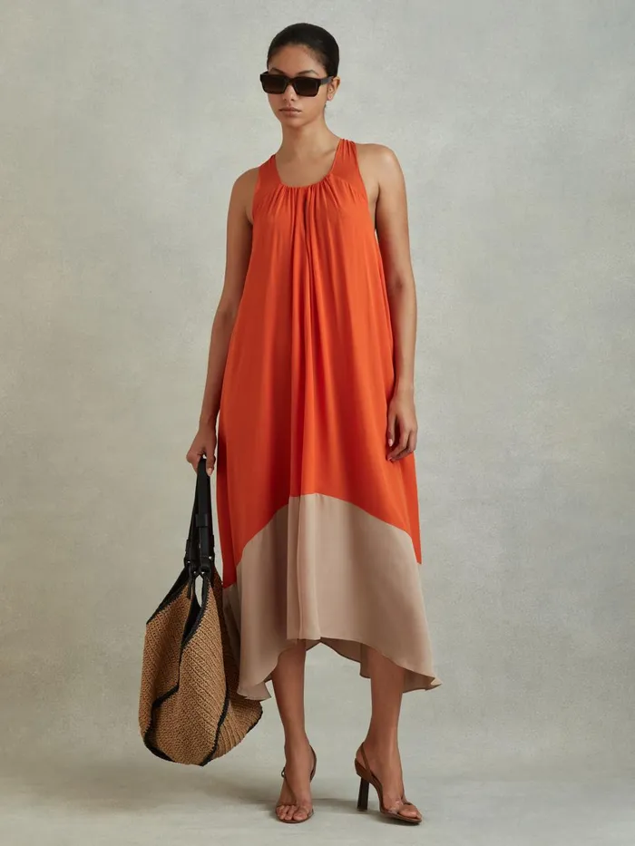 Women Reiss Dresses Elias Ruched Dipped Hem Midi Dress Orange