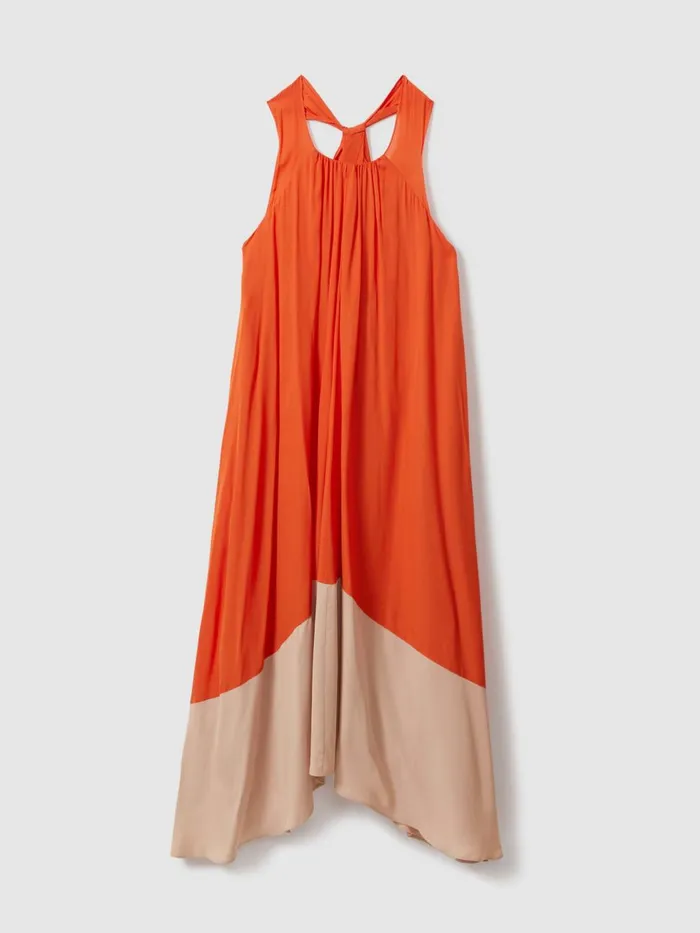 Women Reiss Dresses Elias Ruched Dipped Hem Midi Dress Orange