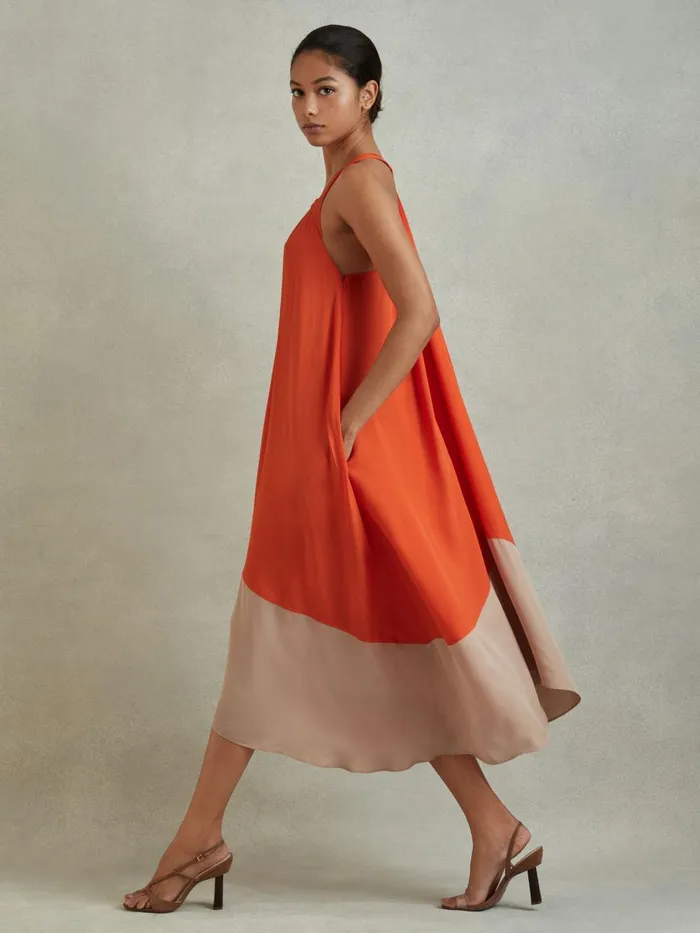 Women Reiss Dresses Elias Ruched Dipped Hem Midi Dress Orange