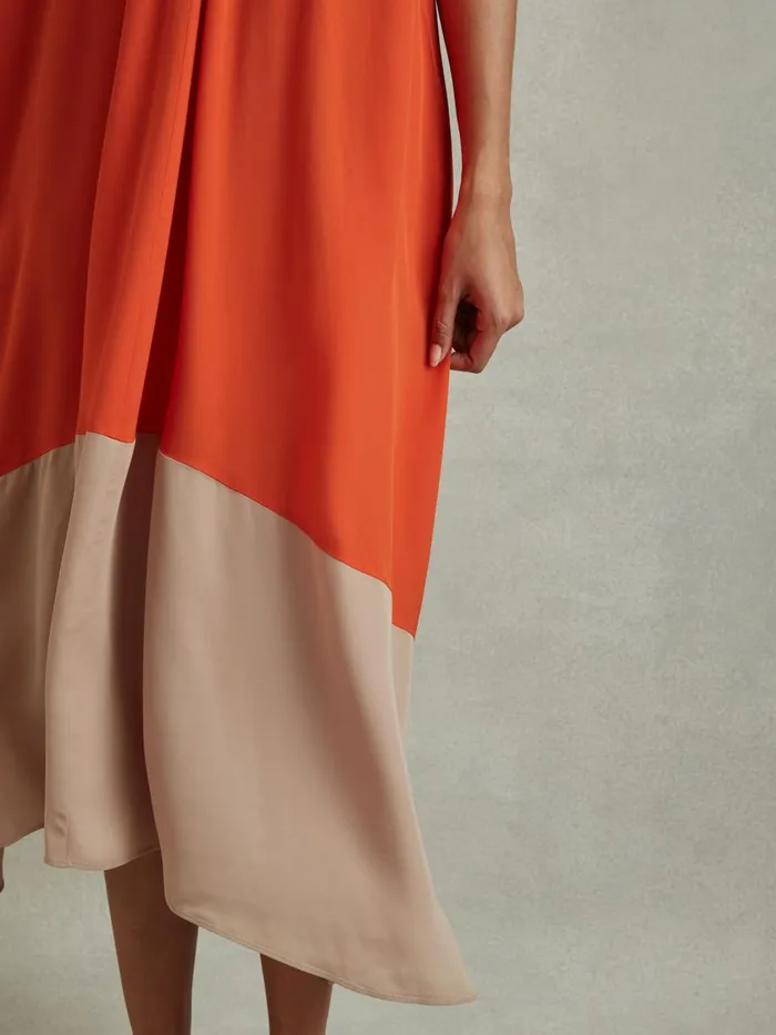 Women Reiss Dresses Elias Ruched Dipped Hem Midi Dress Orange
