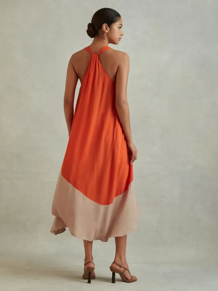Women Reiss Dresses Elias Ruched Dipped Hem Midi Dress Orange