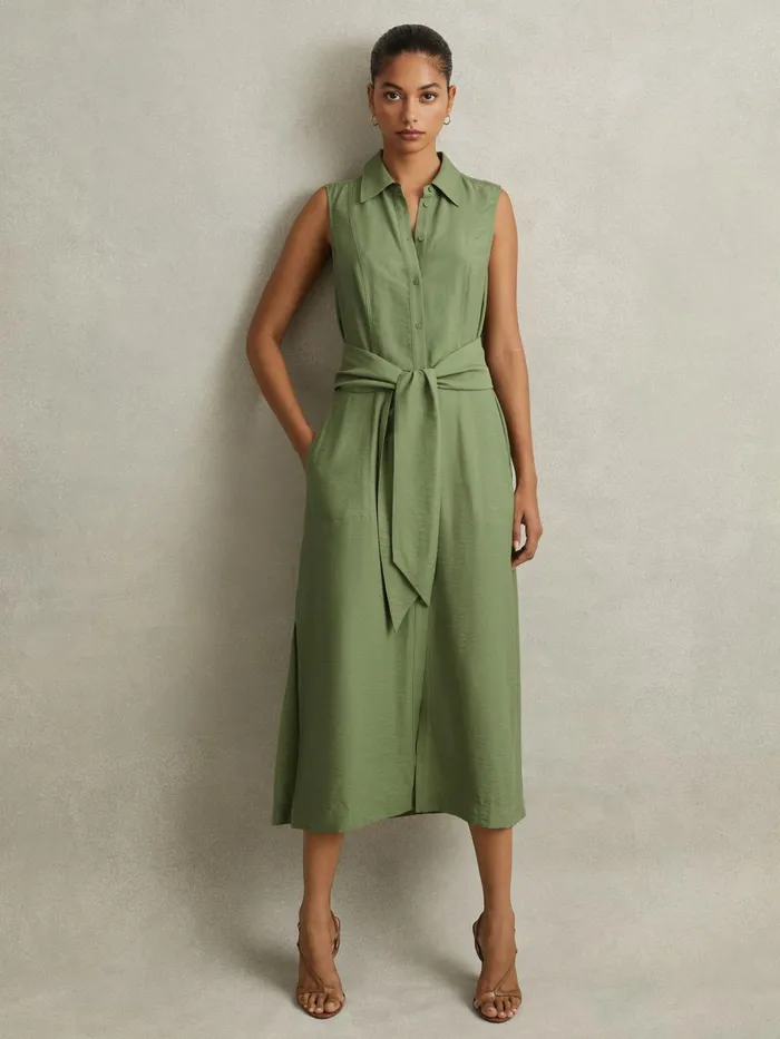 Women Reiss Dresses Morgan Viscose Blend Belted Shirt Dress Green