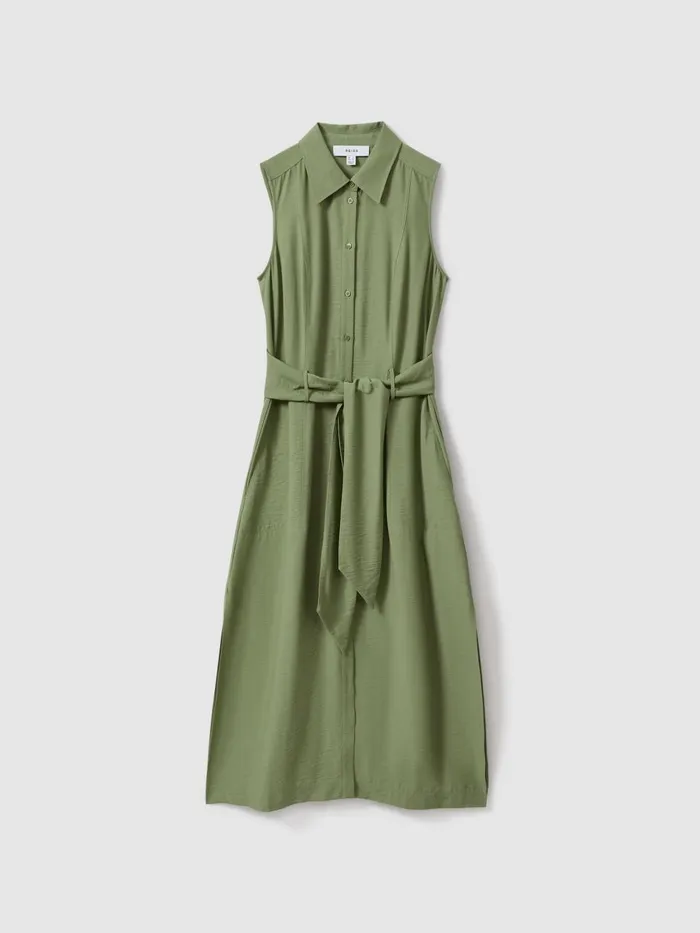 Women Reiss Dresses Morgan Viscose Blend Belted Shirt Dress Green