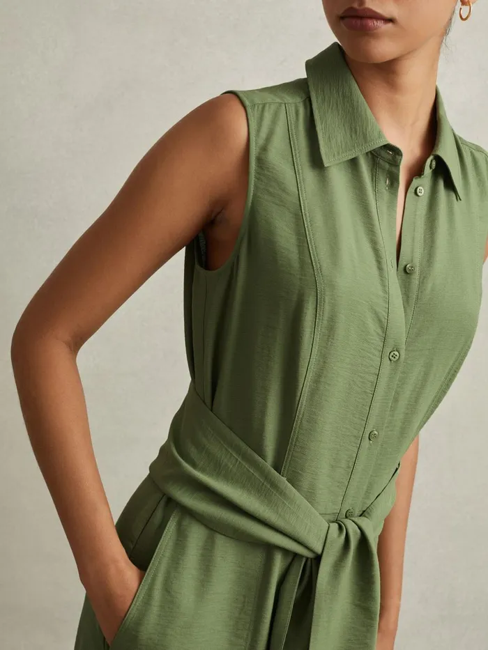 Women Reiss Dresses Morgan Viscose Blend Belted Shirt Dress Green