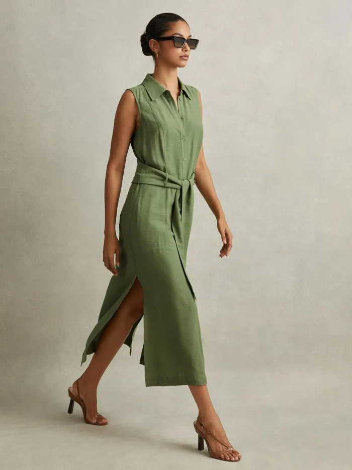 Women Reiss Dresses Morgan Viscose Blend Belted Shirt Dress Green