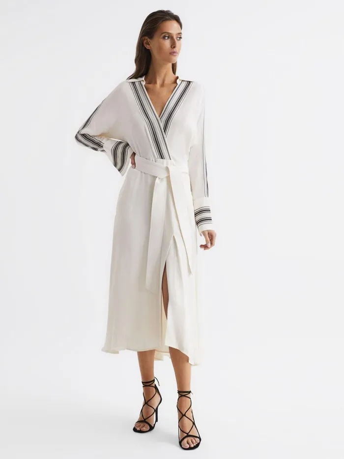 Women Reiss Dresses Nyla Side Stripe Tie Front Midi Dress Ivory