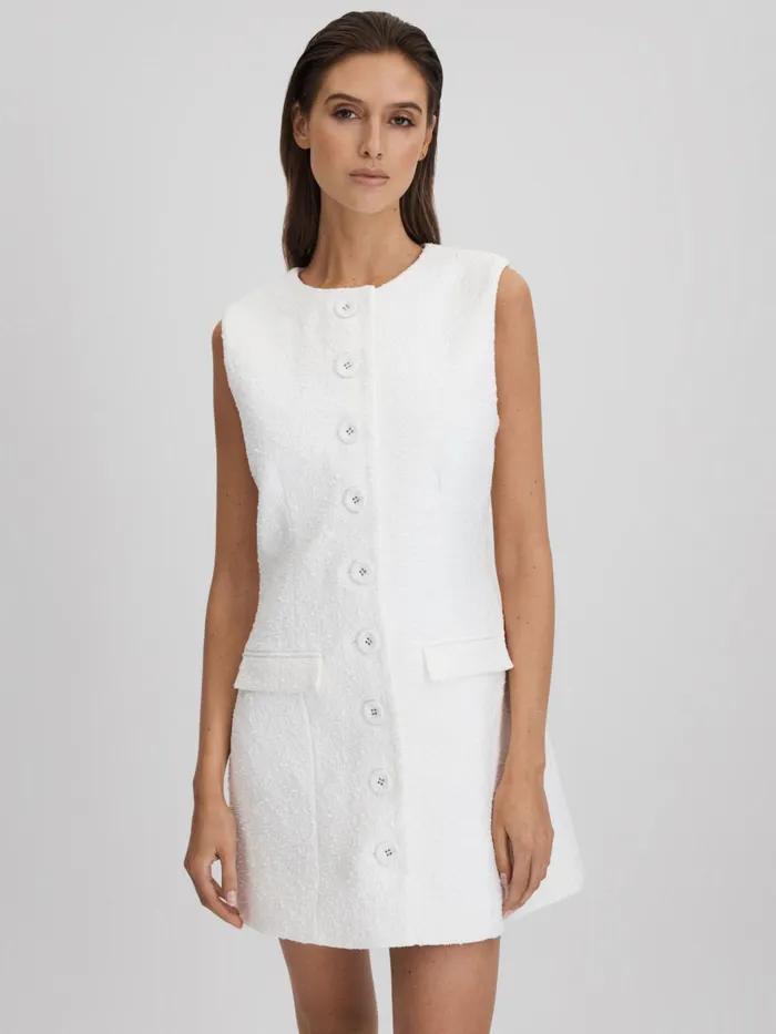 Women Reiss Dresses Quan Boucle ButtonThrough Mini Dress White