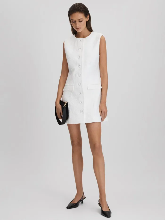 Women Reiss Dresses Quan Boucle ButtonThrough Mini Dress White