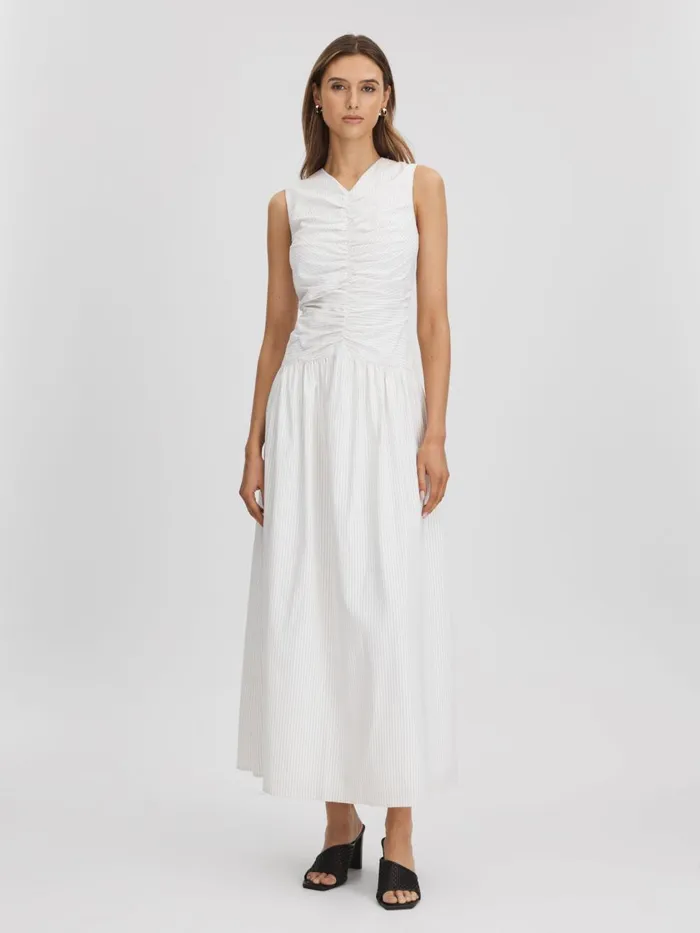 Women Reiss Dresses Quan Ruche Maxi Dress White Stripe