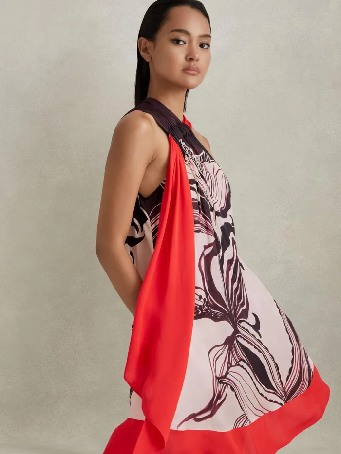 Women Reiss Dresses Rosa Printed Ruche Neck Shift Dress Ivoryburgundy