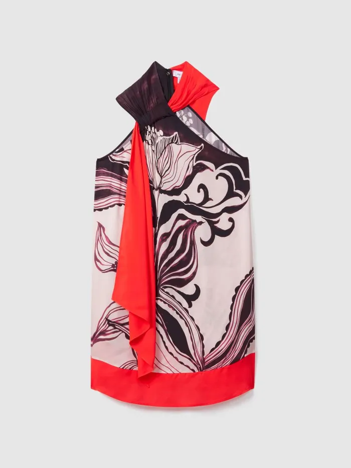 Women Reiss Dresses Rosa Printed Ruche Neck Shift Dress Ivoryburgundy